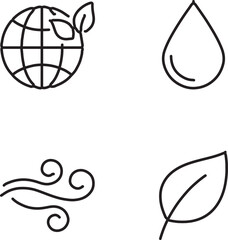 Fototapeta premium Minimalist ecology line icons set of 4 vector elements, sustainable environment symbols featuring earth globe with leaves, water drop, wind breeze swirls