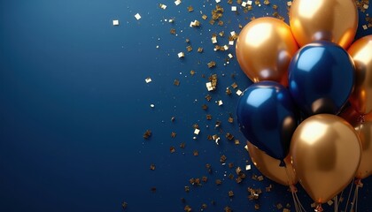 Naklejka premium Blue and gold balloons float with sparkling confetti on a dark blue surface. This festive scene is perfect for celebrations like birthdays anniversaries graduations parties or holidays.