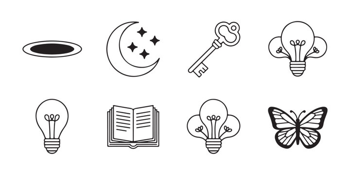 Collection of miscellaneous line icons including lightbulb, key, moon, and butterfly