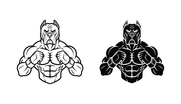 Intimidating muscular pitbull dog head on a powerful human body vector graphic symbolizing strength and determination