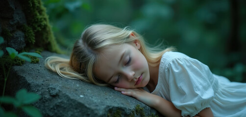 Obraz premium Young girl rests asleep on large mossy rock. Blonde hair, white dress, peaceful face. Forest background, soft green nature. Serene childhood moment, quiet outdoor nap.