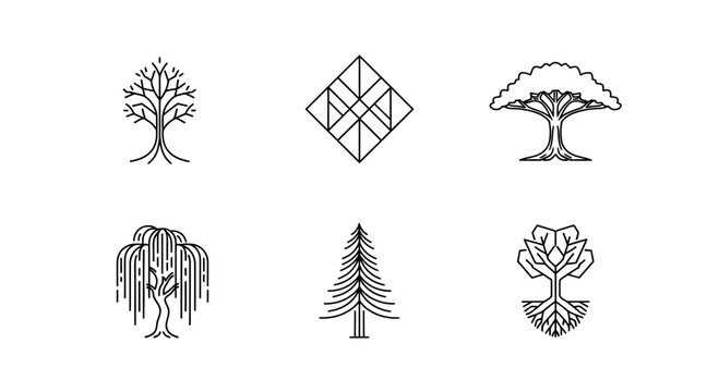 Set of Six Minimalist Tree Icons and Geometric Design