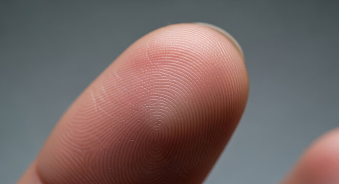 Crepey skin close up on fingertip with visible fine lines, wrinkles and dry texture. Detailed macro of human fingerprint surface showing aging skin, dehydration and skincare concern background.