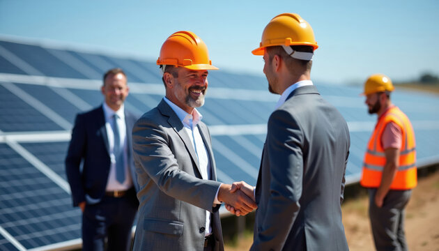 Businessmen in hard hats shake hands at solar farm. Executives finalize deal for green energy project. Men in suits and safety vests work near solar panels under blue sky.