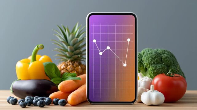Smartphone displaying fluctuating graph on a wooden table surrounded by fresh vegetables and fruits including broccoli, carrots, and bell peppers in a bright kitchen setting