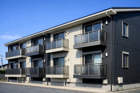 青空の下に建つモダンでスタイリッシュな外観デザインの二階建て賃貸アパートの建物外観