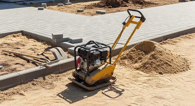 Construction compactor smoothing fresh gravel pathway at outdoor site