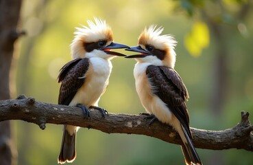 Obraz premium Two Laughing Kookaburras perch on a tree branch in sunlight. Birds face each other with mouths open, appearing to vocalize in a duet, their crests raised in a dynamic natural interaction.