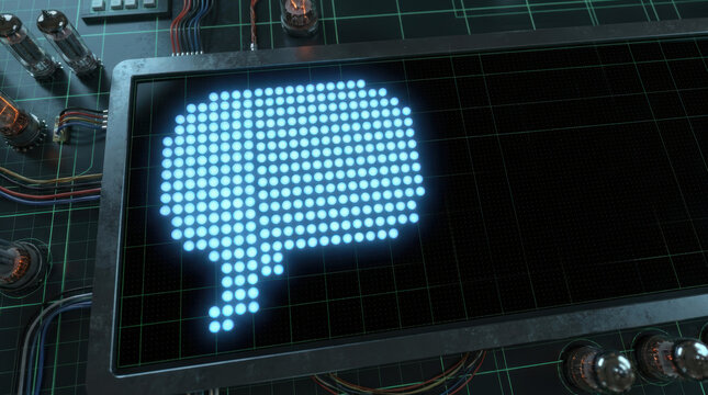 Ai chat digital communication concept with glowing pixel speech bubble on futuristic screen and electronic circuit