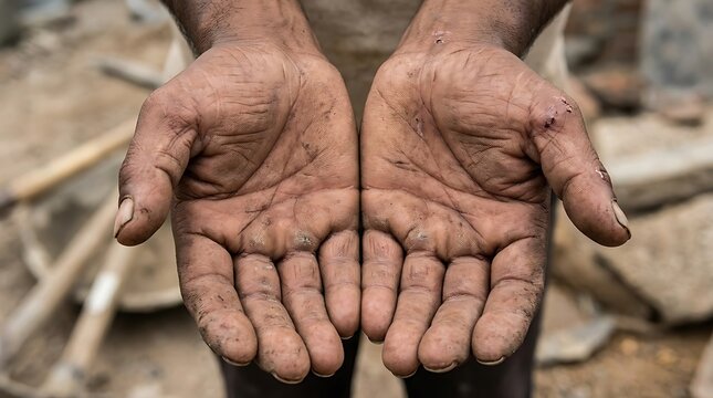 Dirty weathered hands of a manual laborer, calloused palms of a construction worker, concept of hard work and poverty in a rural setting