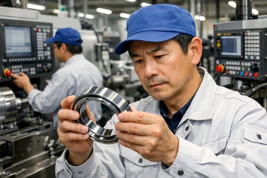 精密なベアリングを真剣な表情で検品する製造業の工場で働く青い帽子の日本人作業員