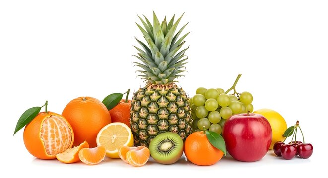 Fresh fruit assortment with pineapple grapes kiwi orange apple and cherry isolated