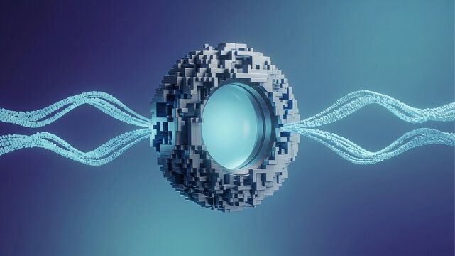 Generative AI floating ring shaped processor emitting structured geometric data streams for tech marketing digital innovation and futuristic branding visuals
