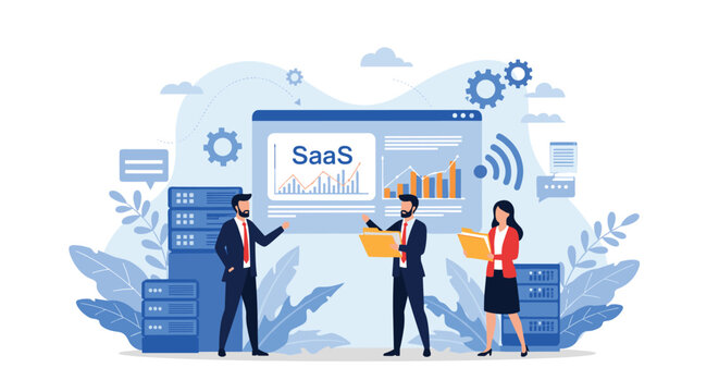 Team of professionals manages software as a service operations featuring data charts and server icons in a clean flat illustration style.