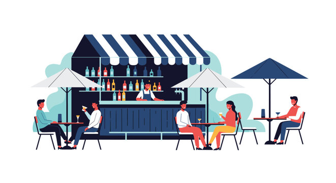 People enjoy drinks at an outdoor cafe and bar featuring striped awnings and umbrellas while a bartender serves customers.