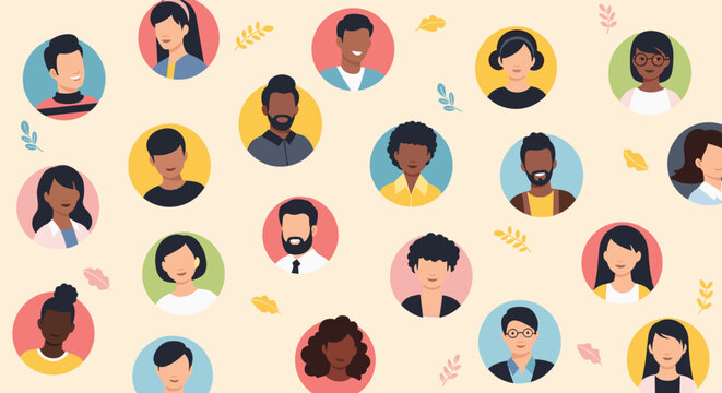 Colorful seamless pattern showcases a diverse group of people from different backgrounds shown as headshots inside circular frames.