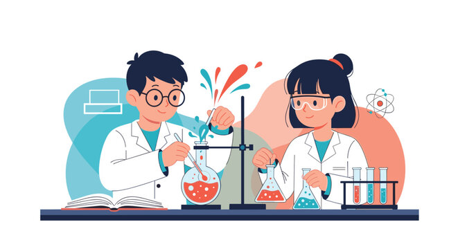Two young students in white lab coats and goggles conducting fun chemistry experiments with colorful liquids in a classroom laboratory.