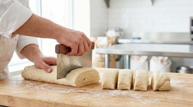 Close-up of baker's hands using a metal scraper to portion fresh pastry dough on a floured wooden board in a commercial bakery.