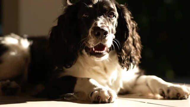 Springer Spaniel dog relaxing in the sun.