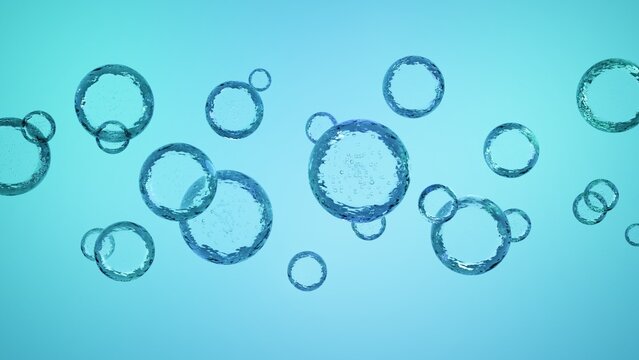 水の中に浮かぶ透明な泡と水滴の3D抽象デザイン / 3D abstract design of transparent bubbles and water droplets floating in water