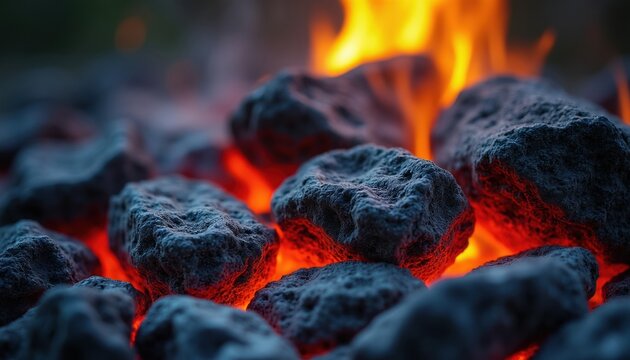 Close up of glowing hot coal embers with bright orange flames and smoke rising. Fiery charcoal pieces smolder intensely. Macro view of red hot fuel for grill.