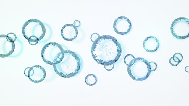 明るい背景に浮かぶ水色と透明な泡の3D抽象デザイン / 3D abstract design of light blue and transparent bubbles floating on bright background