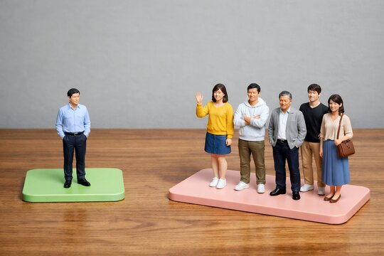 異なる色の台座に乗って向かい合う孤独な男性と手を振る男女５人のグループのミニチュア