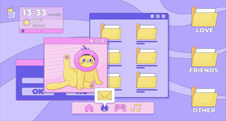 Fototapeta premium Cute retro desktop interface lofi illustration. Kawaii cat UI window. Y2K vaporwave computer folders. Weather widget. Lo Fi art aesthetic. 2D flat wallpaper nostalgic background. Vector cartoon image
