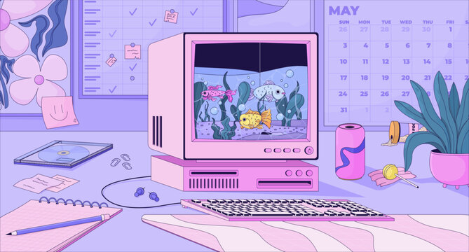 Retro computer aquarium desk lofi illustration. Cozy workspace with whimsical fish. Digital fishtank. Study clutter. Lo Fi art aesthetic. 2D flat wallpaper nostalgic background. Vector cartoon image