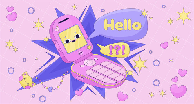 Kawaii pink Y2K flip phone with hello message lofi illustration. Retro tech vibe. Cute 2000s mobile with beaded charm. Lo Fi art aesthetic. 2D flat wallpaper nostalgic background. Vector cartoon image