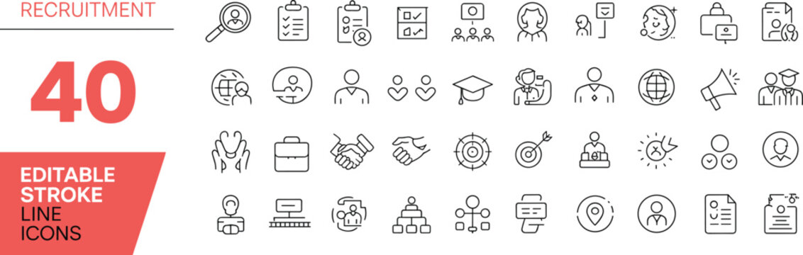 Recruitment Editable Stroke Line Icons Set with 40 Symbols for Hiring and HR employment human resources