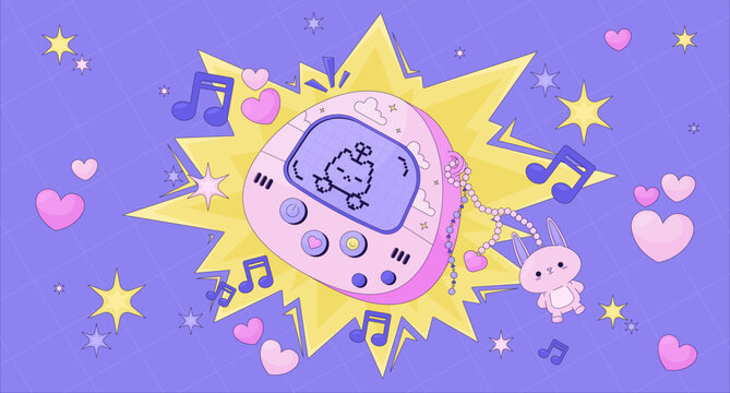 Cute Y2K virtual pet device lofi illustration. 2000s digital toy with pixel cat and music. Kawaii gadget with charm. Lo Fi art aesthetic. 2D flat wallpaper nostalgic background. Vector cartoon image