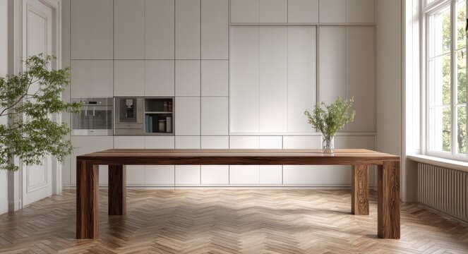 Sleek minimalist dining table with elegant walnut finish in modern bright room