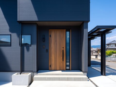 モダンな黒い外壁と木目調の玄関ドアがおしゃれな新築一戸建て住宅の玄関アプローチの外観