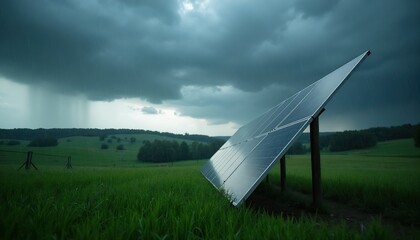 Obraz premium Solar panel stands in green grassy field under dark stormy sky with heavy rain falling. Renewable energy source in rural landscape faces bad weather conditions. Future power generation.