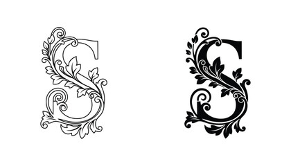 Letter S with ornate floral flourish as black and white vector typography element © Abstract