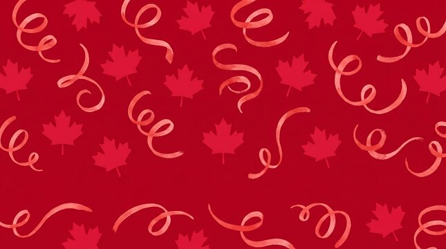 Vibrant red maple leaf pattern with swirling ribbons and festive design elements for canada
