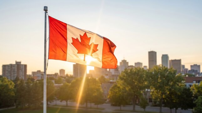 Canadian flag waving in the wind with a city skyline and trees in the background at sunset