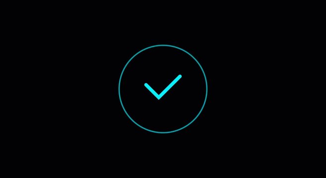 Animated check mark icon in neon blue, glowing success symbol on black background, digital validation and approval motion graphic