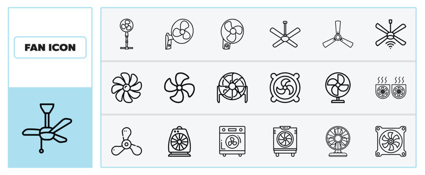 Fan Line Icons Set &ndash; Cooling, Ventilation, Electric Fan Vector Pack.
