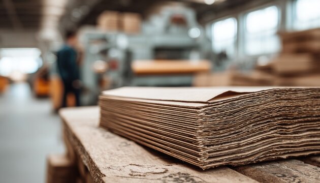 Stack of recycled cardboard sheets in eco-friendly environment, eco-conscious packaging material, rustic workshop setting, sustainable cardboard production, recyclable material