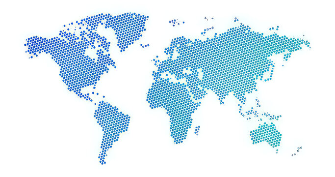 Blue world map made of small hexagon shapes