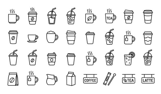 Disposable coffee and tea cup outline icon collection with editable beverage vector symbols