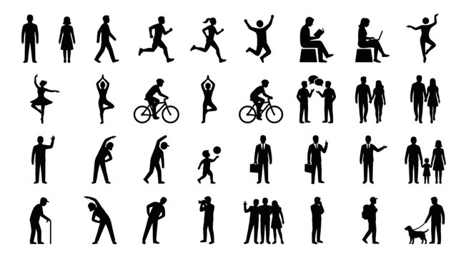 Collection of Diverse Human Silhouettes in Various Poses and Activities.