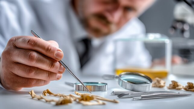 In a well-lit laboratory, the forensic anthropologist scrutinizes skeletal remains, using specialized tools to uncover vital details