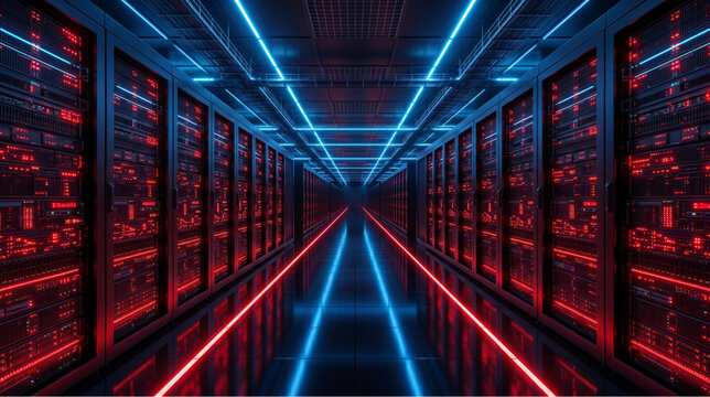 Futuristic data center room with server racks and neon lights. Modern supercomputer server room with glowing blue and red LED indicators. Big data storage server racks with futuristic neon vector 