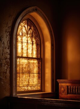 Sunlight streams through an ornate gothic arched stained glass window