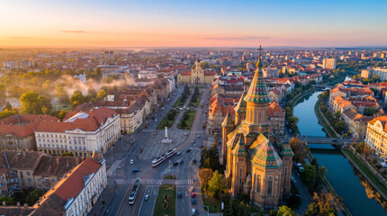 Obraz premium Aerial view of Timisoara city center with the Metropolitan Cathedral and Bega River at sunrise.