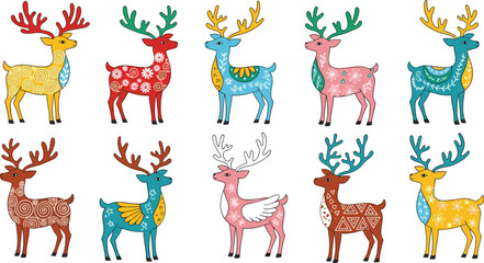 Obraz premium Colorful Decorative Reindeer Vector Set with Unique Patterns and Designs