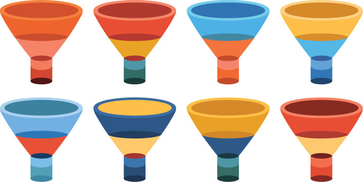 Funnel chart segmentation infographic, colorful business process diagram with 2 to 6 part funnel stages for marketing sales and workflow visualization.